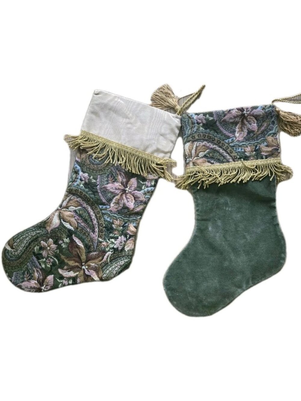 2 HANDMADE Christmas Stockings Velvet + Tapestry with Gold Fringe, Tassel + Loop